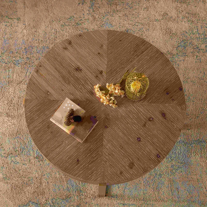 33.86" Modern Retro Splicing Round Coffee Table, Fir Wood Table Top with Gold Cross Legs Base, Easy Assembly and Maintenance, Gold