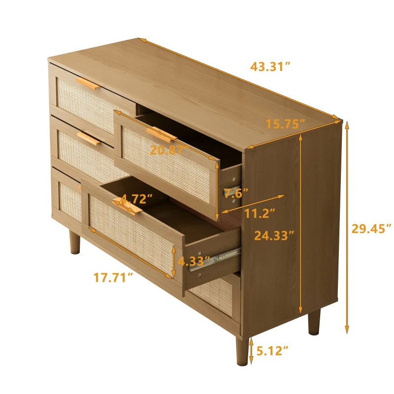 6-Drawer Rattan Dresser, Modern Natural Design with Ample Storage, Smooth Guide Rails, and Multi-Purpose Use, 43.31" x 15.75" x 29.45", Oak