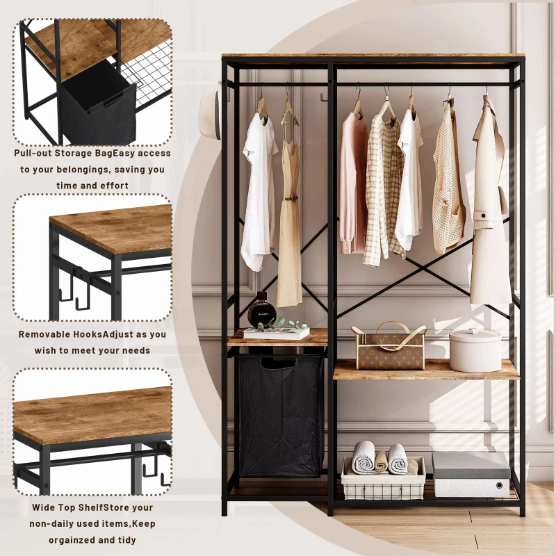 Portable Wardrobe Clothes Rack, Freestanding Clothing Rack with Bottom Mesh Storage, Premium Oxford Cloth Bag, 47.24"L x 15.75"W x 72.05"H, Black+Brown