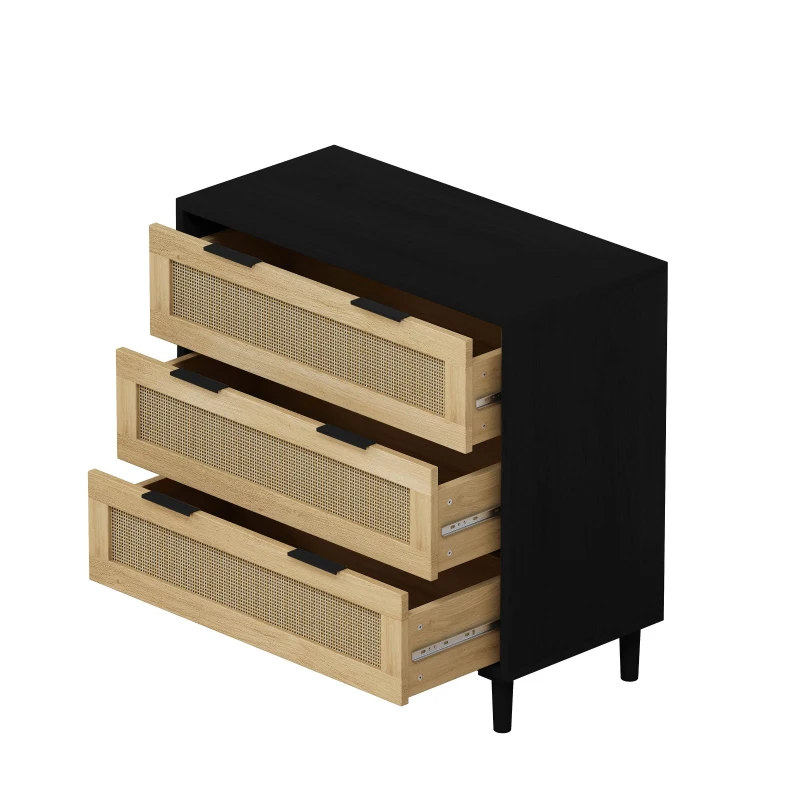 31.5" Rattan Storage Cabinet with 3 Drawers, Modern Design, MDF and Real Wood Legs, Metal Handles, Anti-Tip Safety, for Bedroom, Living Room, Hallways, Black