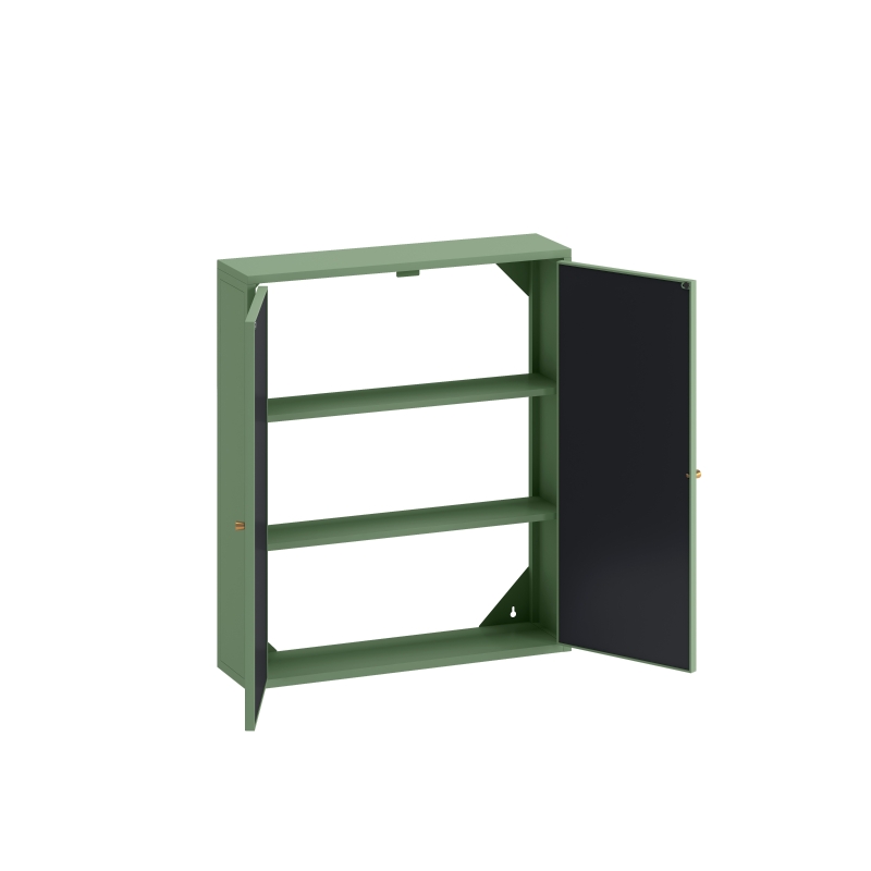 Vintage Two Door Wall Cabinet with Mirror, Three-Level Storage, Retro Style, Iron and Glass, 23.62"L x 5.91"W x 27.56"H, Green