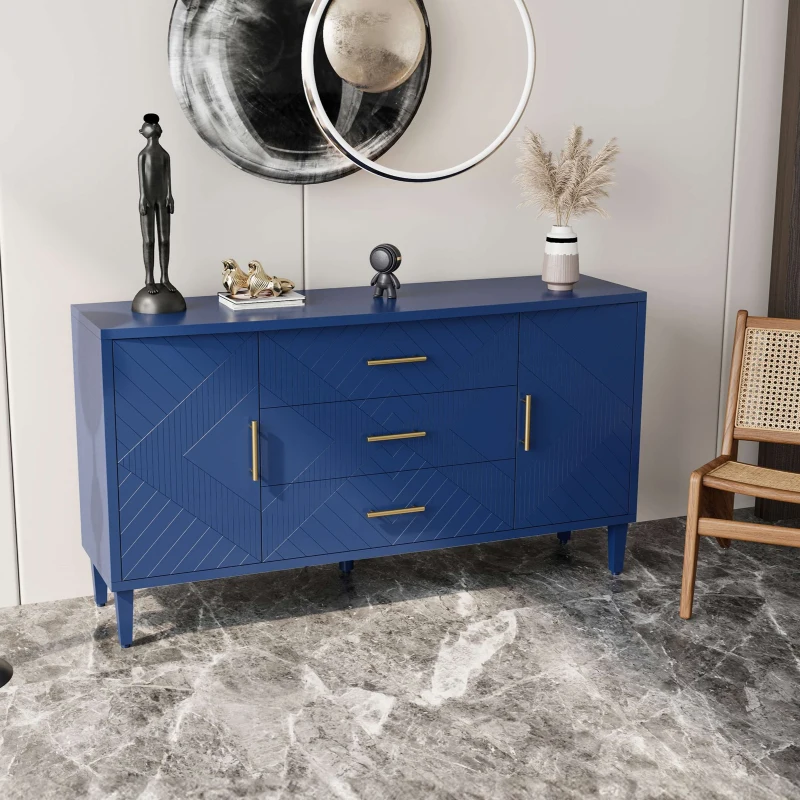 Stylish 2-Door 3-Drawer Cabinet with Carved Effect, Adjustable Shelves, and Easy Assembly, 55.12"L x 15.75"W x 32.68"H, Navy Blue