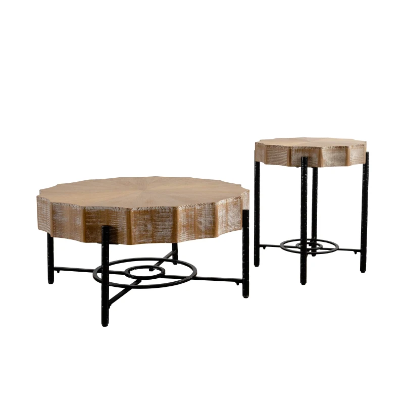 31.5" Vintage Patchwork Lace Coffee Table Set of 2 with Natural Pine Grain Top and Dimpled Metal Cross Legs, Natural+Black