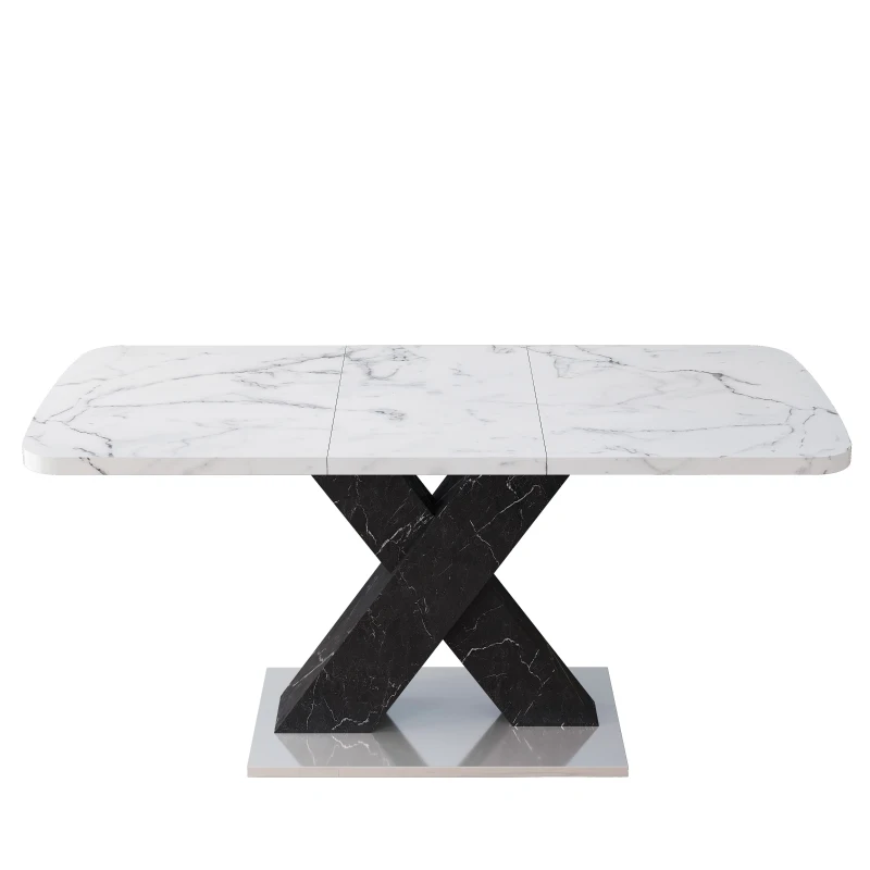 Modern Square Dining Table, Stretchable White Marble Table Top, MDF Black X-Shape Legs with Metal Base, 62.99"L x 31.5"W x 30.12"H, White+Black