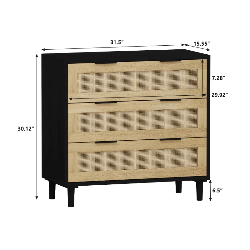 31.5" Rattan Storage Cabinet with 3 Drawers, Modern Design, MDF and Real Wood Legs, Metal Handles, Anti-Tip Safety, for Bedroom, Living Room, Hallways, Black