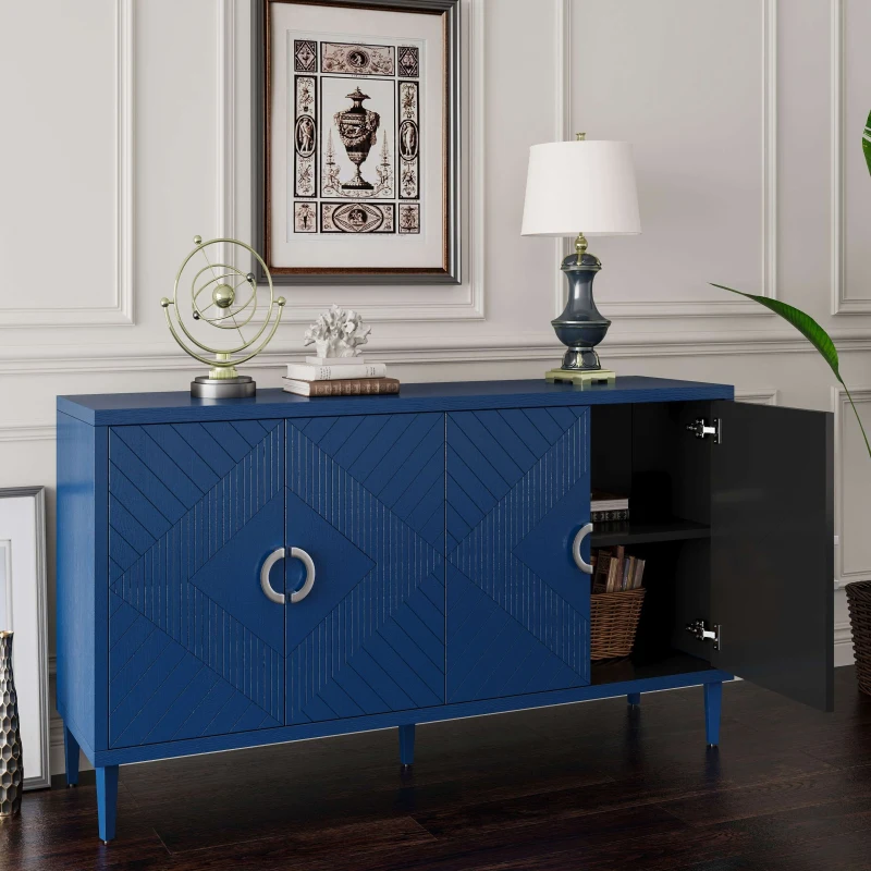 Stylish 4-Door Storage Cabinet with Pine Legs and MDF, Versatile for Living Room, Bedroom, and Kitchen, 59.84"L x 15.75"W x 32.48"H, Navy Blue