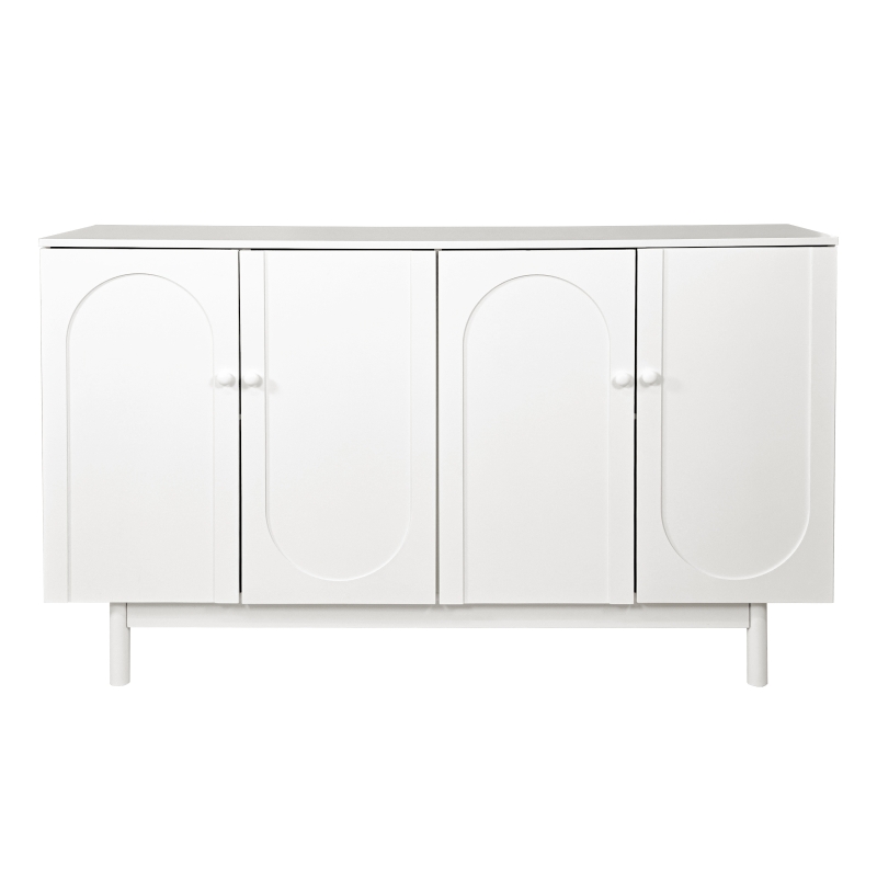 Stylish 4-Door Intaglio Storage Cabinet with Pine Legs, Solid Wood Pulls, Adjustable Shelves, 59.06"L x 15.75"W x 32.43"H, White