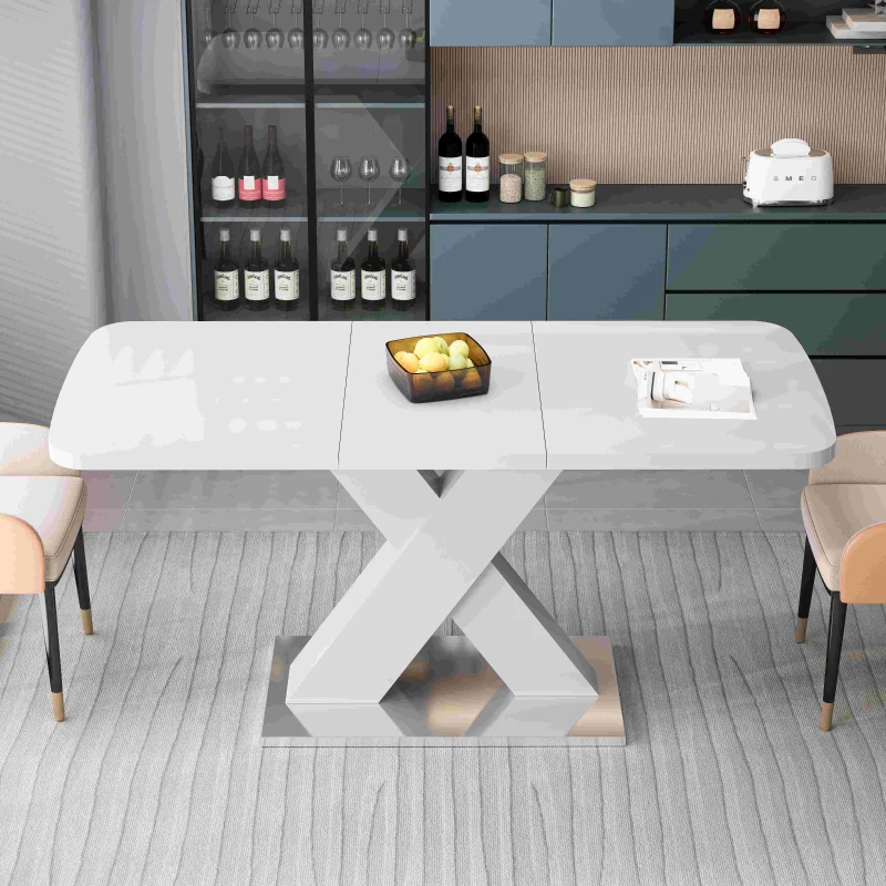 Modern Square Dining Table, Stretchable MDF Table Top with X-Shape Metal Base, 62.99"L x 31.5"W x 30.12"H, 220 lbs Capacity, White
