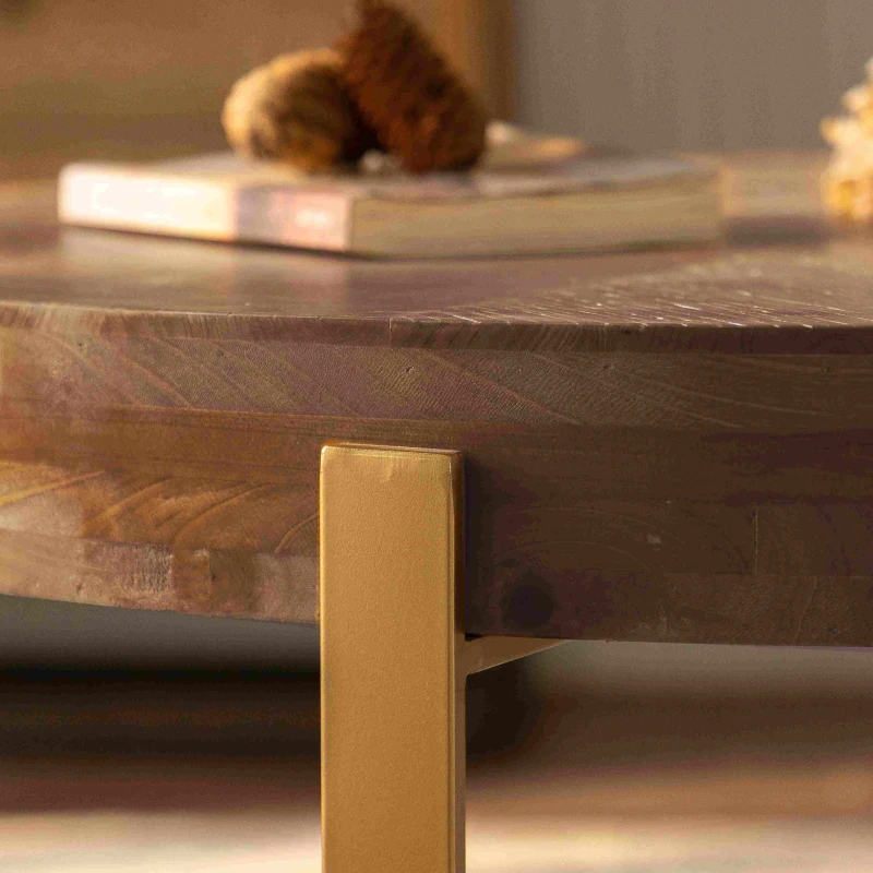 33.86" Modern Retro Splicing Round Coffee Table, Fir Wood Table Top with Gold Cross Legs Base, Easy Assembly and Maintenance, Gold