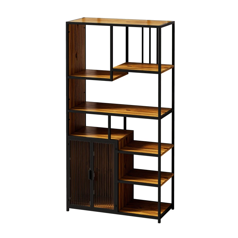 Multipurpose Bookshelf Storage Rack with Enclosed Cabinet, 7 Shelves, Fir Wood and Iron Frame, 34.45"L x 15.75"W x 68.9"H, Black+Brown