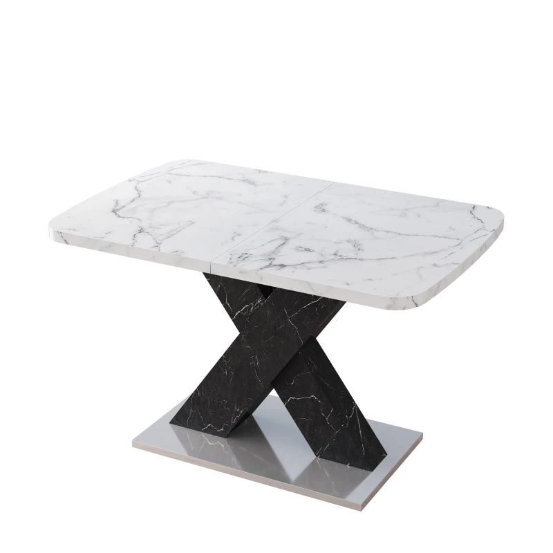 Modern Square Dining Table, Stretchable White Marble Table Top, MDF Black X-Shape Legs with Metal Base, 62.99"L x 31.5"W x 30.12"H, White+Black