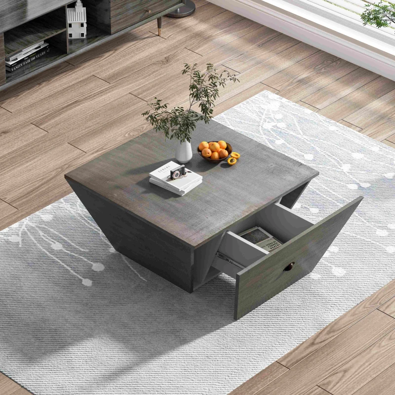 33.46" Ladder-Shaped Coffee Table with Drawer, High-Quality MDF, 200 lbs Load Capacity, Easy Assembly, 33.46"L x 33.46"W x 16.93"H, Gray