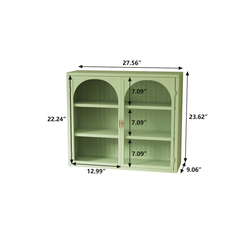 27.56" Glass Doors Modern Two-Door Wall Cabinet with Three-Tier Storage, Woven Pattern, Iron and Tempered Glass for Dining Room, Bathroom, 27.56"L x 9.06"W x 23.62"H, Green