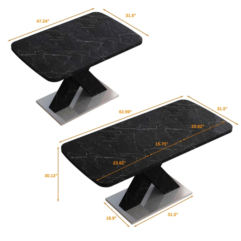 Modern Square Dining Table, Stretchable Printed Black Marble Table Top, MDF X-Shape Legs with Metal Base, 62.99"L x 31.5"W x 30.12"H, Black