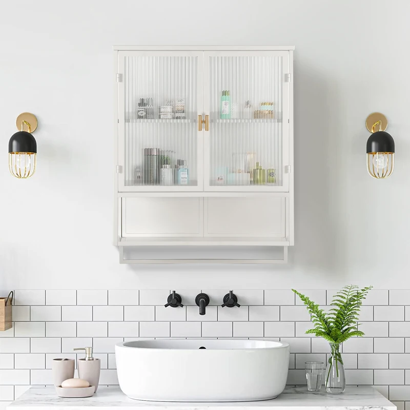 23.62" Modern Wall Cabinet with Glass Doors, Two-Tier Enclosed Storage, Open Shelf, and Towel Rack for Bathroom, Dining Room, 23.62"L x 9.06"W x 30.71"H, White