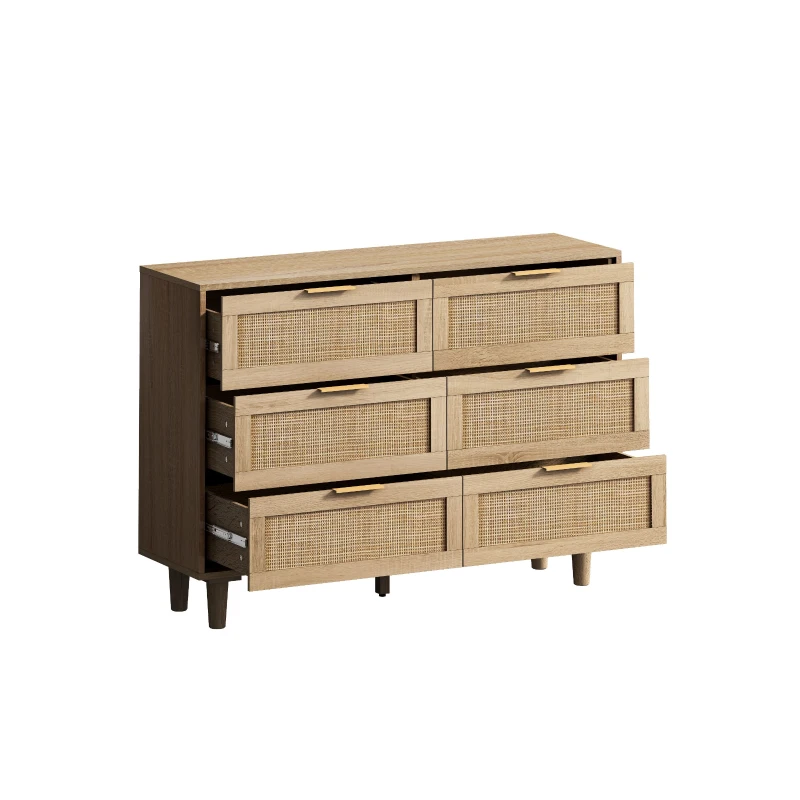 43.31" 6-Drawer Rattan Storage Cabinet, Modern Natural Design, High-Quality Chipboard, Ample Storage Space for Bedroom and Living Room, Natural