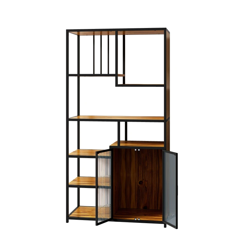 Multipurpose Bookshelf Storage Rack with Enclosed Cabinet, 7 Shelves, Fir Wood and Iron Frame, 34.45"L x 15.75"W x 68.90"H, Black+Brown