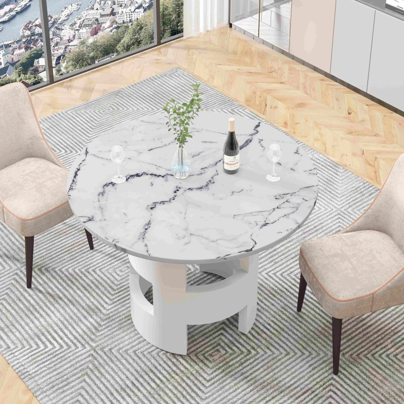 42.12" Modern Round Dining Table with Printed White Marble Table Top, Sturdy MDF Construction, Easy Assembly and Maintenance, 220 lbs Weight Capacity, White