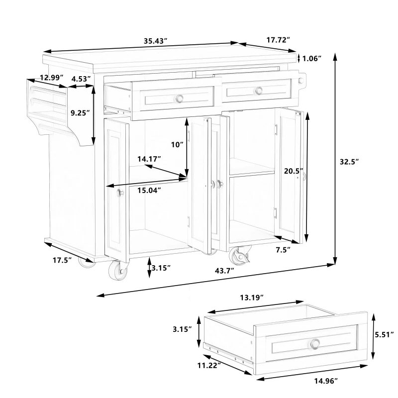 Kitchen Island Cart with Two Storage Cabinets, Two Drawers, Locking Wheels, Spice Rack, and Towel Rack, 43.31" Width, Black