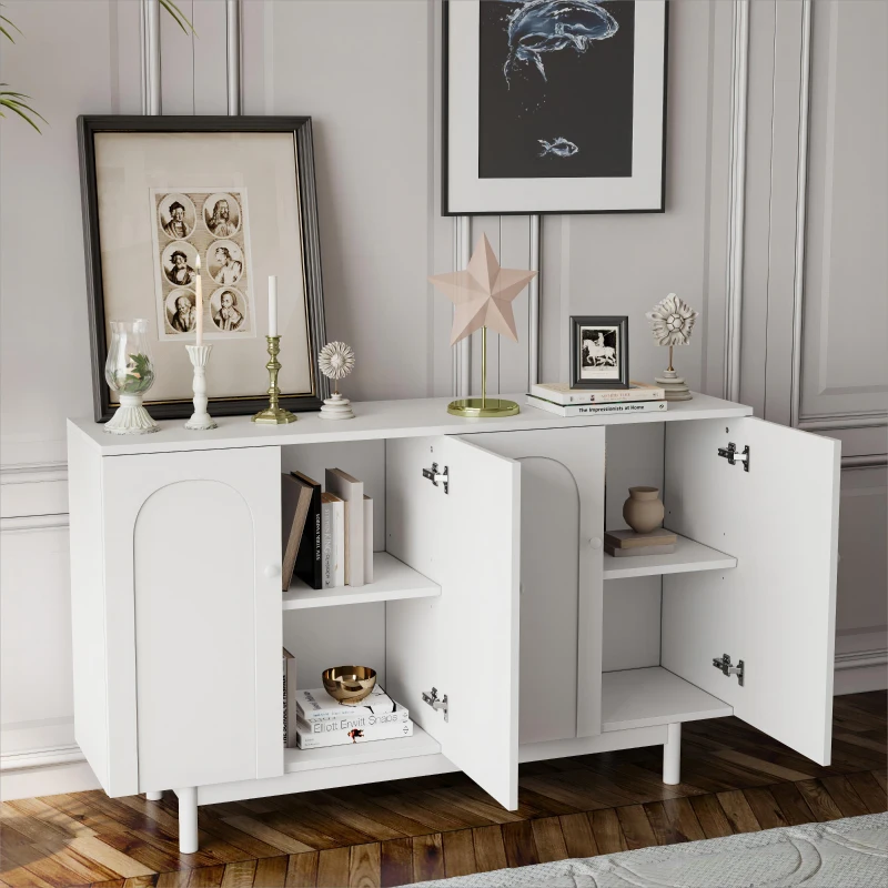 Stylish 4-Door Intaglio Storage Cabinet with Pine Legs, Solid Wood Pulls, Adjustable Shelves, 59.06"L x 15.75"W x 32.43"H, White