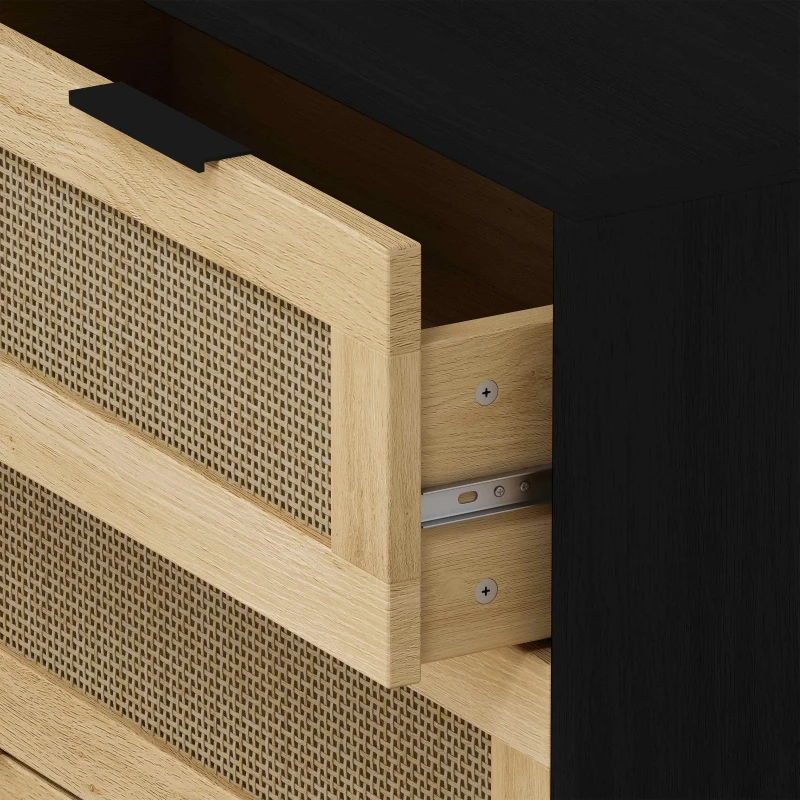31.5" Rattan Storage Cabinet with 3 Drawers, Modern Design, MDF and Real Wood Legs, Metal Handles, Anti-Tip Safety, for Bedroom, Living Room, Hallways, Black