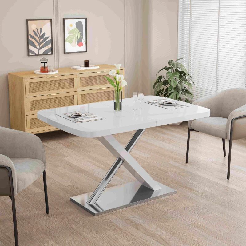 47.25"-63" Modern Glossy Dining Table for 4-6 People, Extendable with Crossed Metal Base and Stainless Steel Tubes, 220 lbs Capacity, White