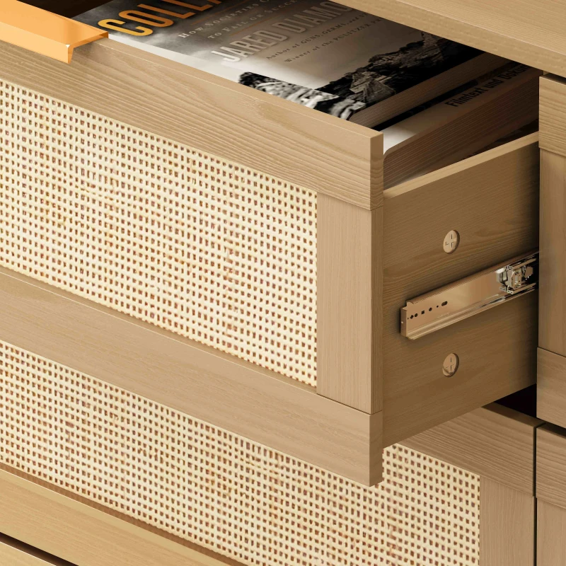 6-Drawer Rattan Dresser, Modern Natural Design with Ample Storage, Smooth Guide Rails, and Multi-Purpose Use, 43.31" x 15.75" x 29.45", Oak