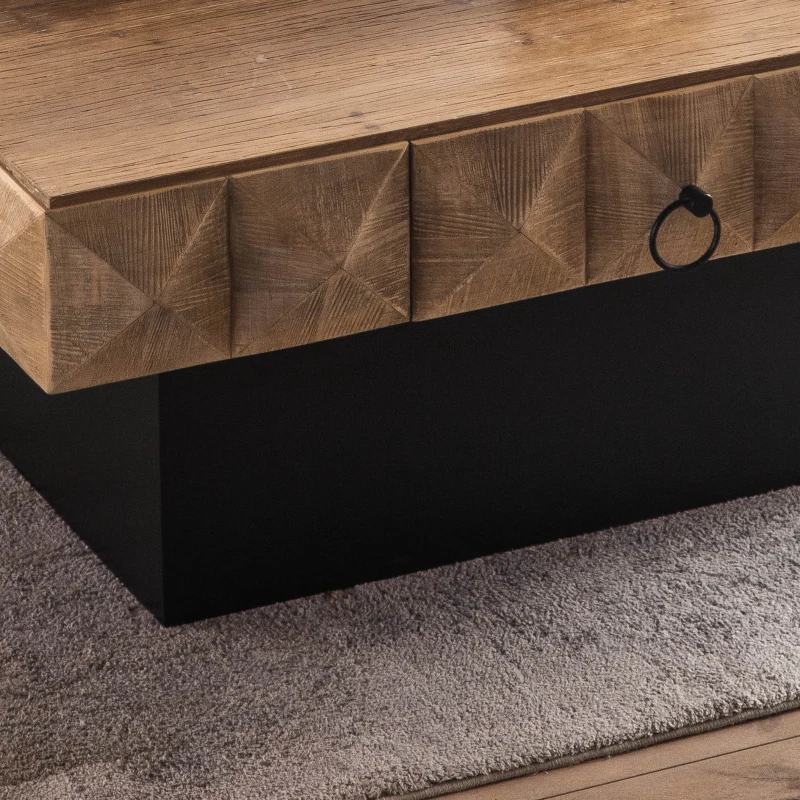 41.73" Square Retro Coffee Table with 3D Embossed Pattern, 2 Drawers, and MDF Base, 220 lb Load Capacity, Natural