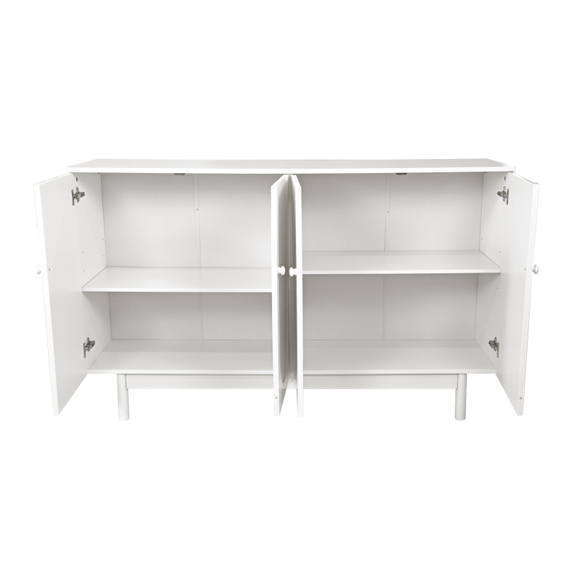 Stylish 4-Door Intaglio Storage Cabinet with Pine Legs, Solid Wood Pulls, Adjustable Shelves, 59.06"L x 15.75"W x 32.43"H, White