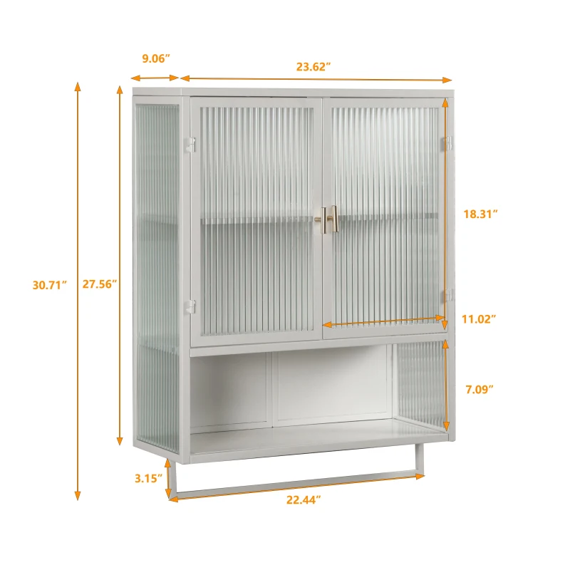 23.62" Modern Wall Cabinet with Glass Doors, Two-Tier Enclosed Storage, Open Shelf, and Towel Rack for Bathroom, Dining Room, 23.62"L x 9.06"W x 30.71"H, White