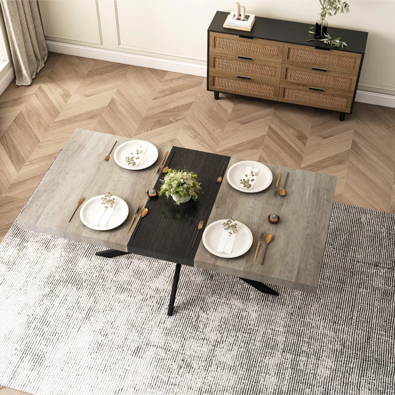 Retro Rectangular Stretch Dining Table with Storage Box, Gray Carole Top, Black Embossed Center Plate, Iron Cross Foot Base, 55.11"-70.86", Gray