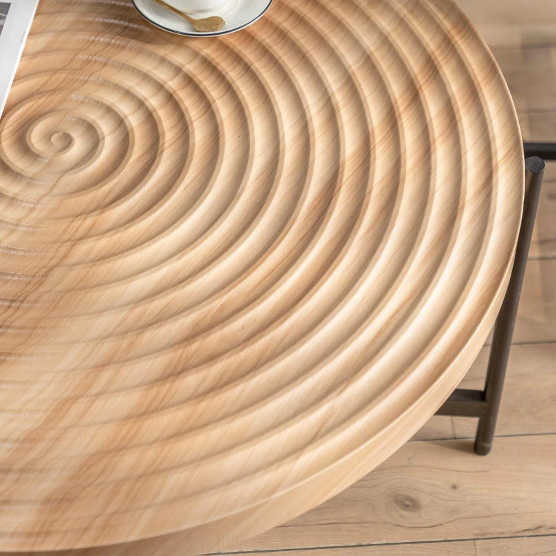 33" Modern Thread Design Round Coffee Table, MDF Table Top with Cross Legs Metal Base, Easy Assembly and Maintenance, Natural