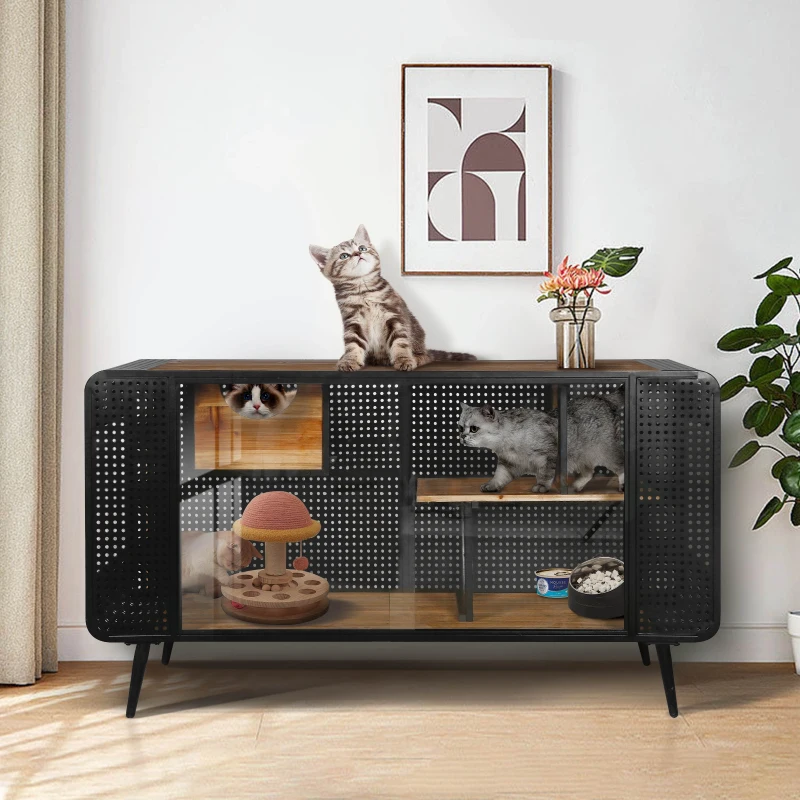 Spacious Cat House with Tempered Glass, Modern Style, Sturdy Fir Wood and Iron Frame, 55.12"L x 22.83"W x 29.92"H, Black+Brown