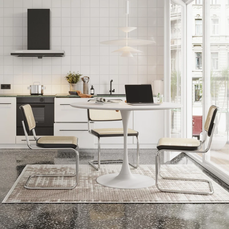 47.24" Modern Round Dining Table with Solid Wood Grain Top, Metal Base, and Easy Assembly, White