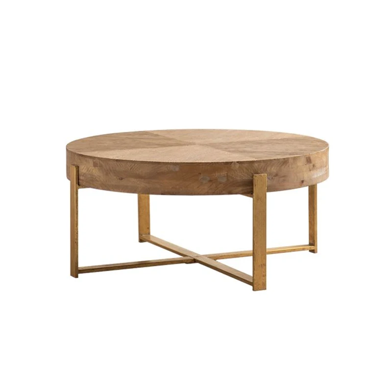 33.86" Modern Retro Splicing Round Coffee Table, Fir Wood Table Top with Gold Cross Legs Base, Easy Assembly and Maintenance, Gold