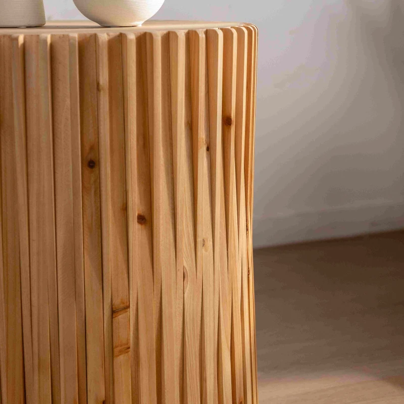 Retro Cylindrical Coffee Table Set of 2 with Vertical Texture Relief Design, No Assembly Required, MDF and Fir Wood, 20.47" and 31.5", Natural