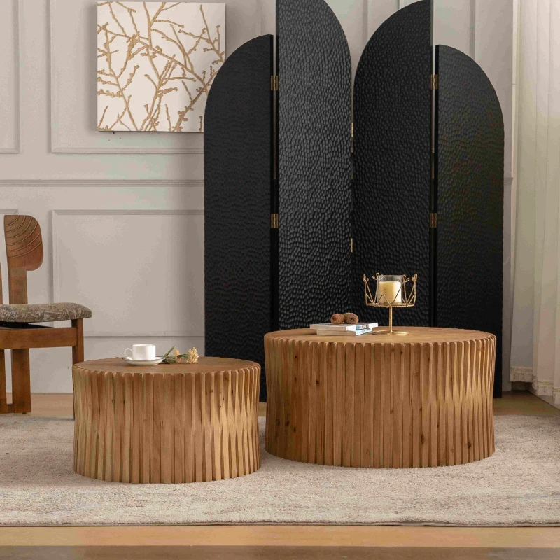 Vintage Cylindrical Nesting Coffee Table Set with Vertical Textured Embossed Design, No Assembly Required, 31.5" and 23.62", Natural