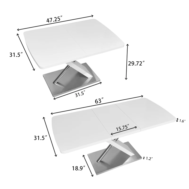 47.25"-63" Modern Glossy Dining Table for 4-6 People, Extendable with Crossed Metal Base and Stainless Steel Tubes, 220 lbs Capacity, White