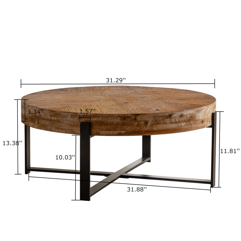 31.29" Modern Retro Splicing Round Coffee Table, Fir Wood Table Top with Black Cross Legs Base, Easy Assembly and Maintenance, Black