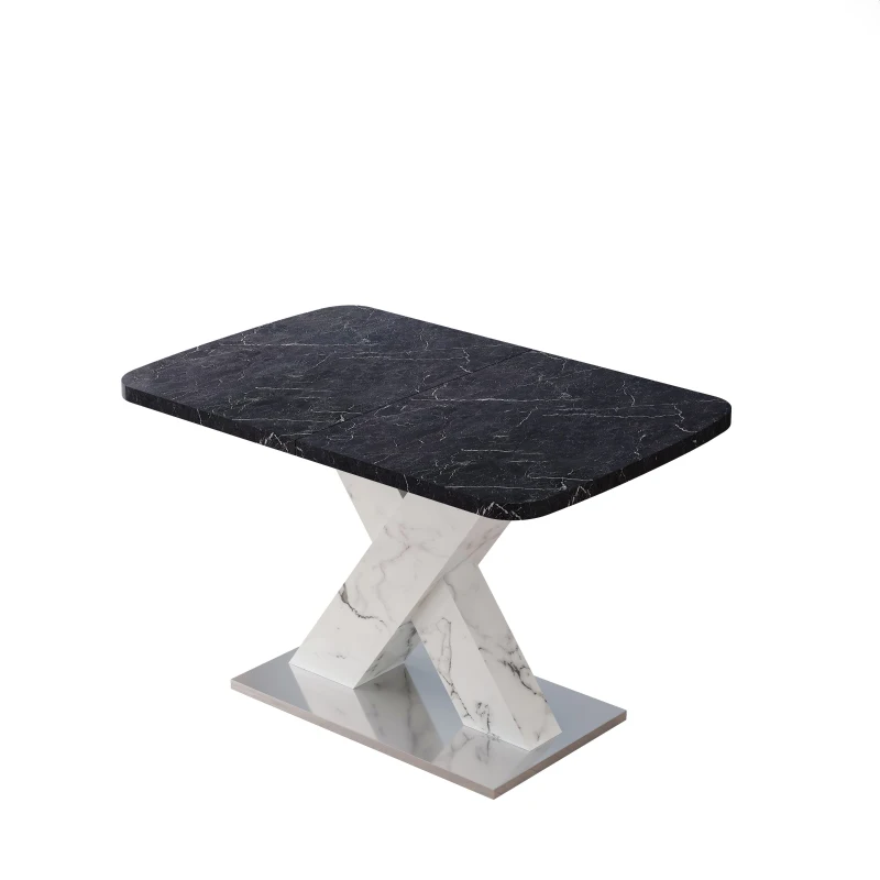 Modern Square Dining Table, Stretchable Black Marble Table Top with MDF X-Shape Legs and Metal Base, Easy Assembly, 62.99"L x 31.5"W x 30.12"H, Black White