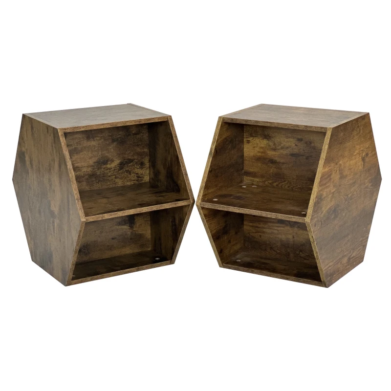 Hexagonal Coffee Table Set, 2-Piece Antique Wood Side Table Nightstand with Storage Shelves, Versatile Design, 47.24'' x 23.62'' x 15.74'', Antique brown