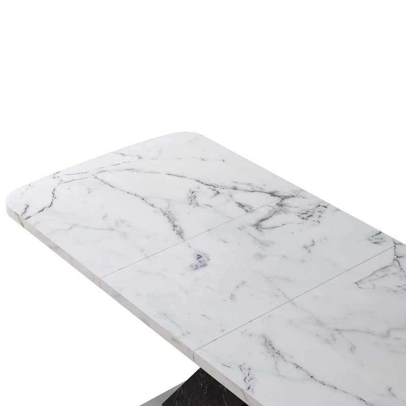 Modern Square Dining Table, Stretchable White Marble Table Top, MDF Black X-Shape Legs with Metal Base, 62.99"L x 31.5"W x 30.12"H, White+Black