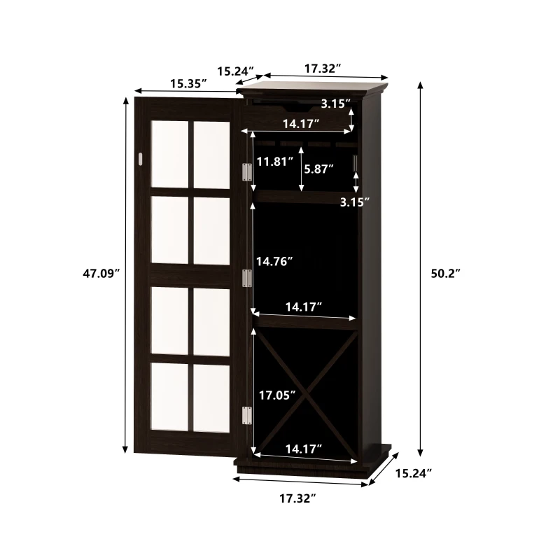 Modern Glass Door Wine Cabinet with Drawer and X-Shaped Wine Rack, Adjustable Shelves, 17.32"L x 15.24"W x 50.2"H, Brown