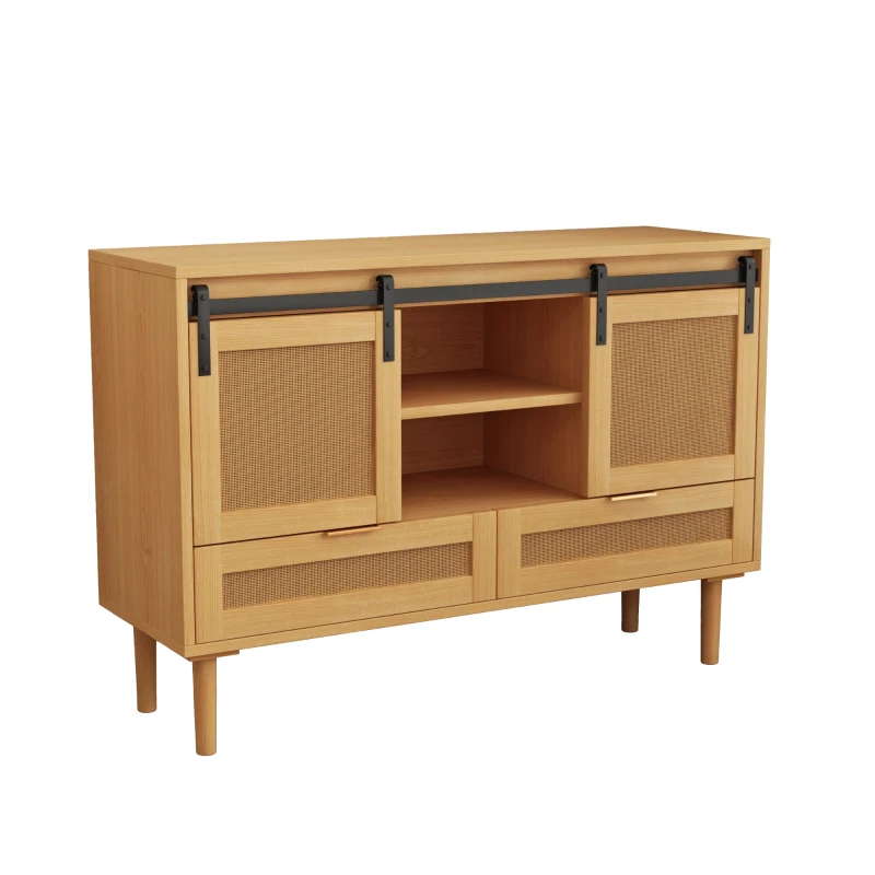 47.24" Sliding Barn Door Storage Cabinet, TV Stand with 2 Drawers, MDF and Rattan Mesh, 47.24"L x 15.75"W x 31.5"H, Wood