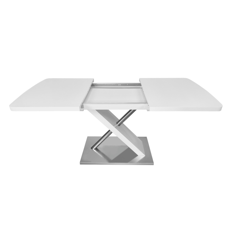 47.25"-63" Modern Glossy Dining Table for 4-6 People, Extendable with Crossed Metal Base and Stainless Steel Tubes, 220 lbs Capacity, White