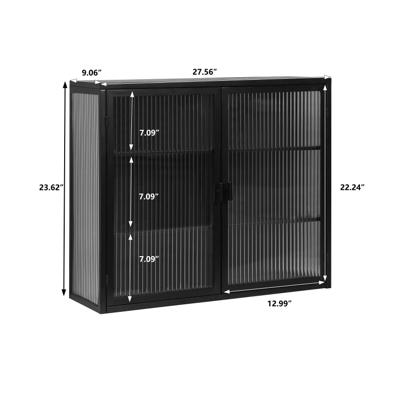 27.56" Modern Two-Door Wall Cabinet with Three-Tier Storage, Fluted Tempered Glass Doors, and Adjustable Shelves for Entryway, Living Room, Bathroom, Dining Room, Black