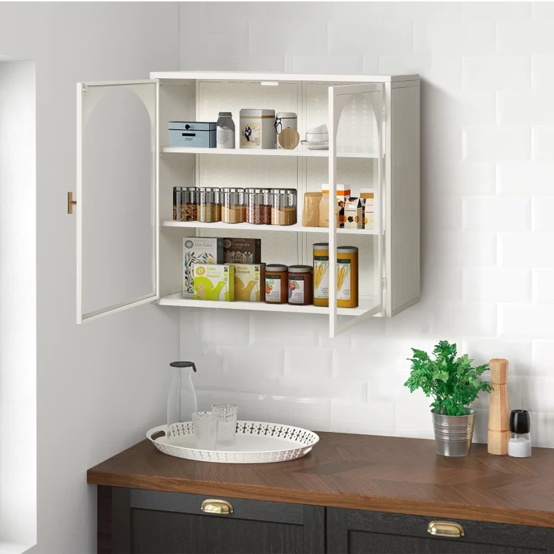 27.56" Modern Wall Cabinet with Glass Doors, Three-Tier Storage, and Woven Pattern for Entryway, Living Room, Bathroom, Dining Room, White