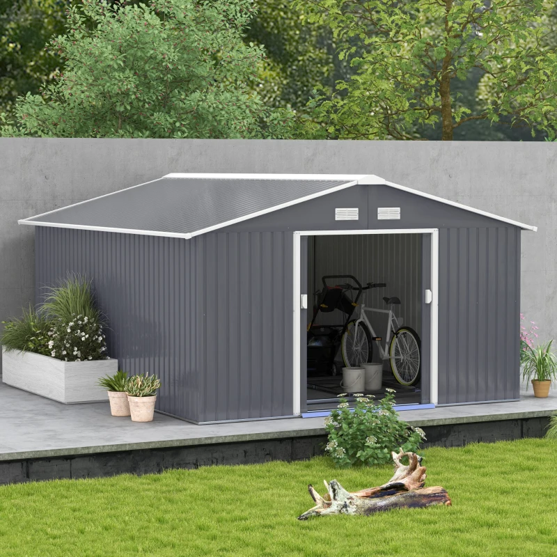 Outsunny 11' x 13' Garden Metal Shed, Storage Shed Utility Storage with Double Locking Doors for Bike, Yard Tools, Dark Gray