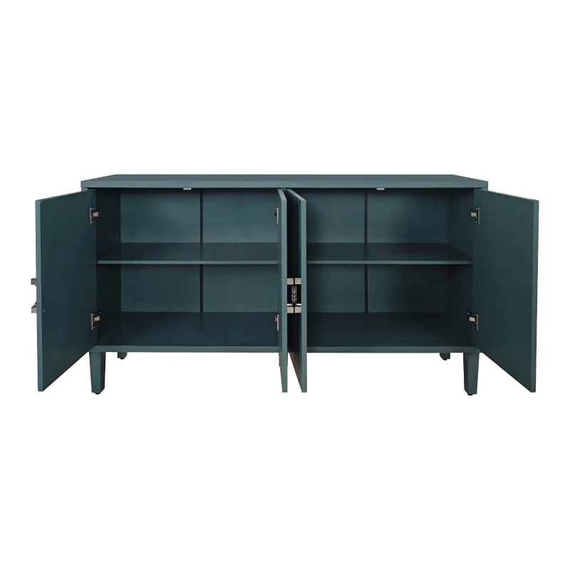 Stylish 4-Door Storage Cabinet with Pine Legs and Adjustable Shelves, MDF Construction, 59.84"L x 15.75"W x 32.48"H, Olive Green