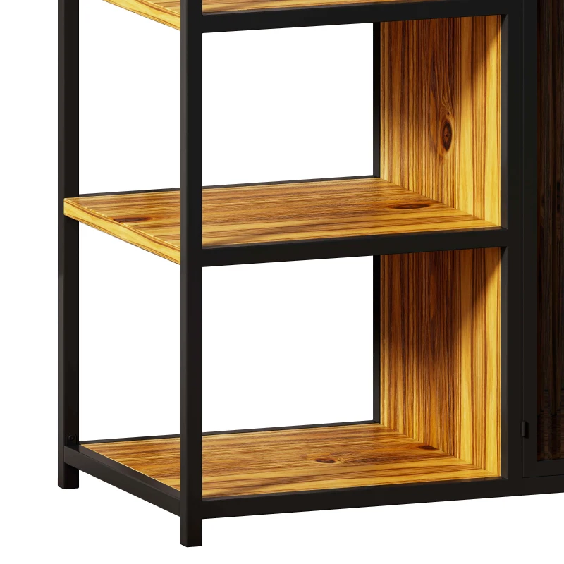 Multipurpose Bookshelf Storage Rack with Enclosed Cabinet, 7 Shelves, Fir Wood and Iron Frame, 34.45"L x 15.75"W x 68.90"H, Black+Brown